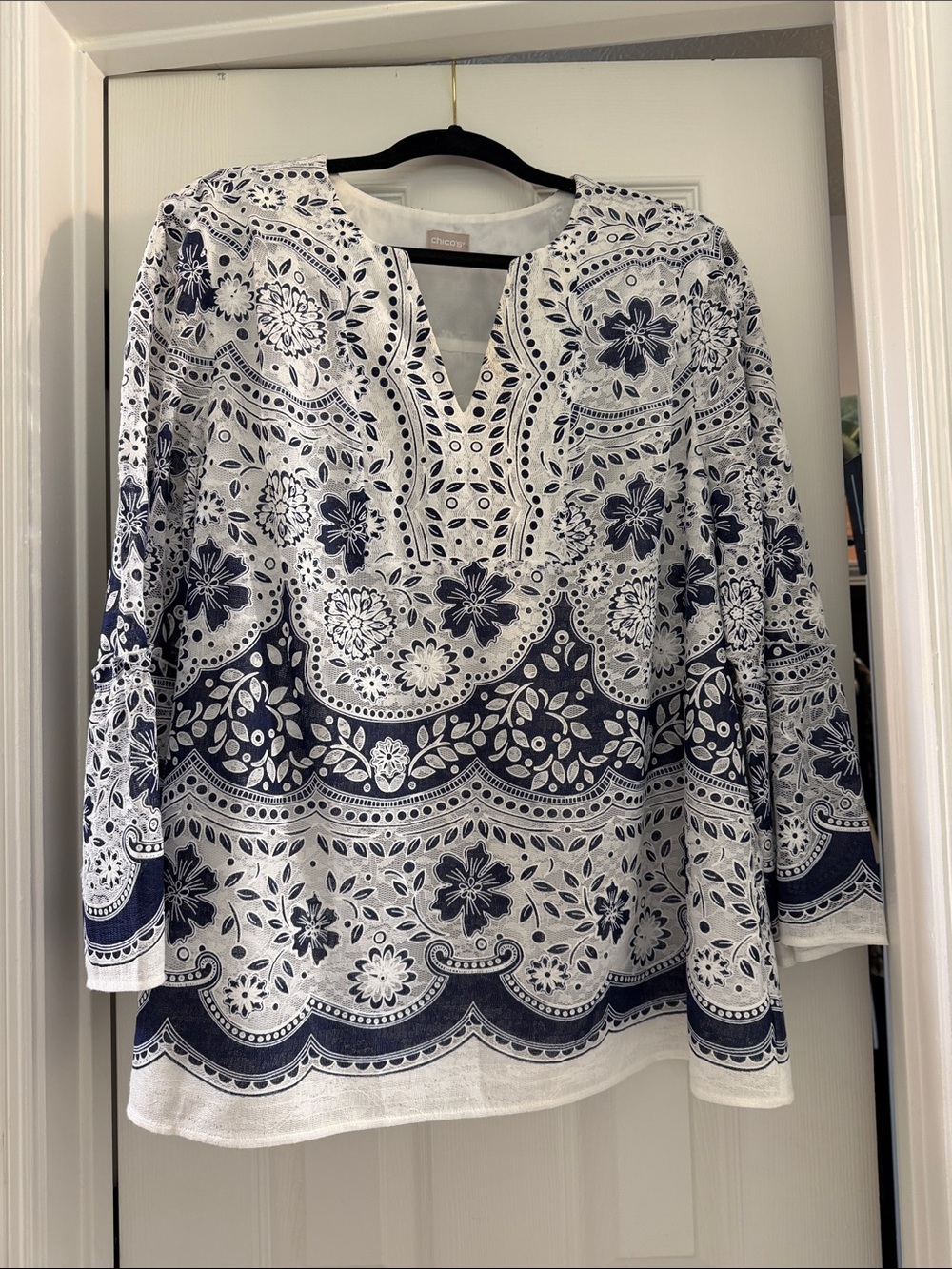 Chico's White Tunic with Navy Bandana Floral Print